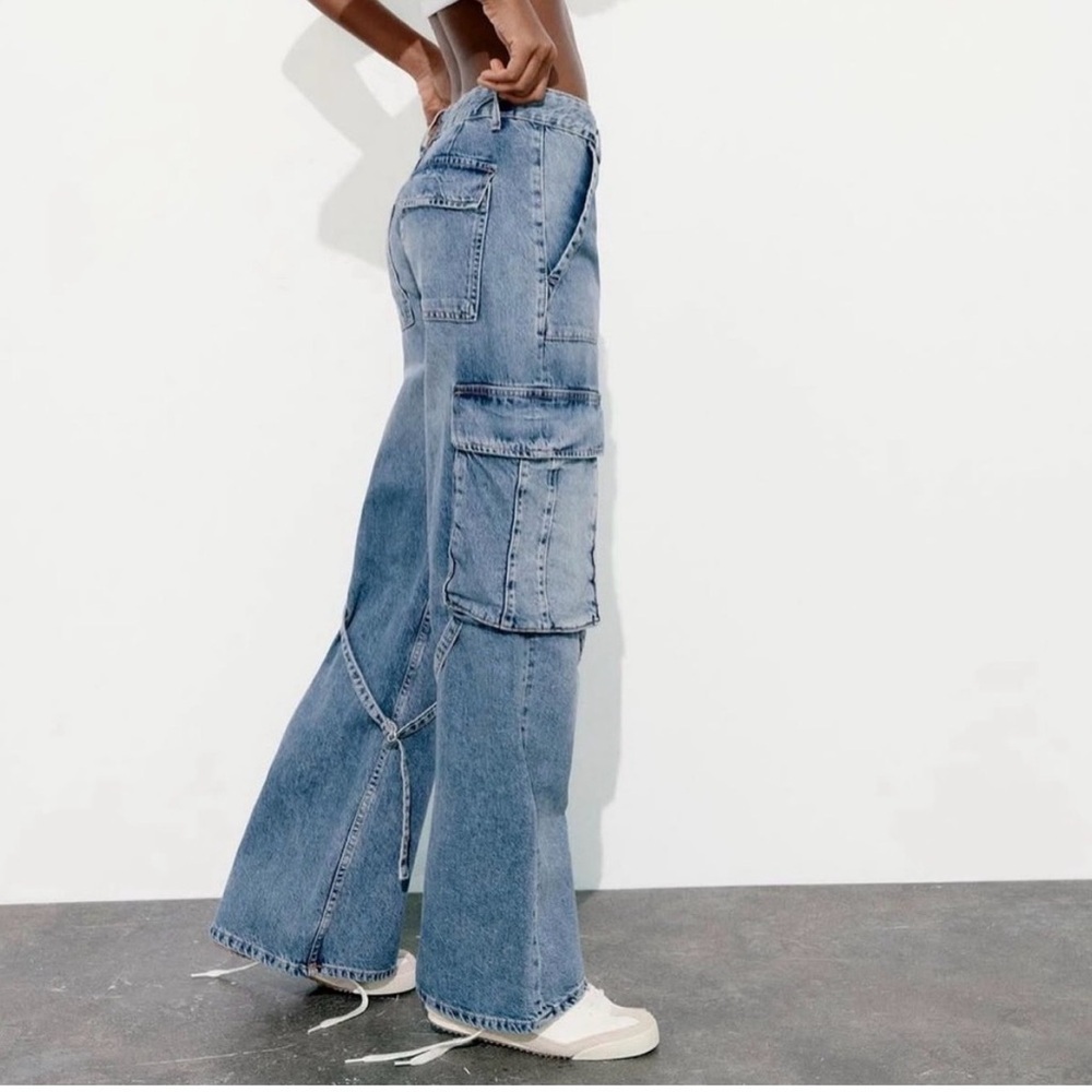 Zara Women's Jeans Blue Denim Cargo Wide Leg 100% Cotton Boho Hippie Streetwear - Picture 2 of 8